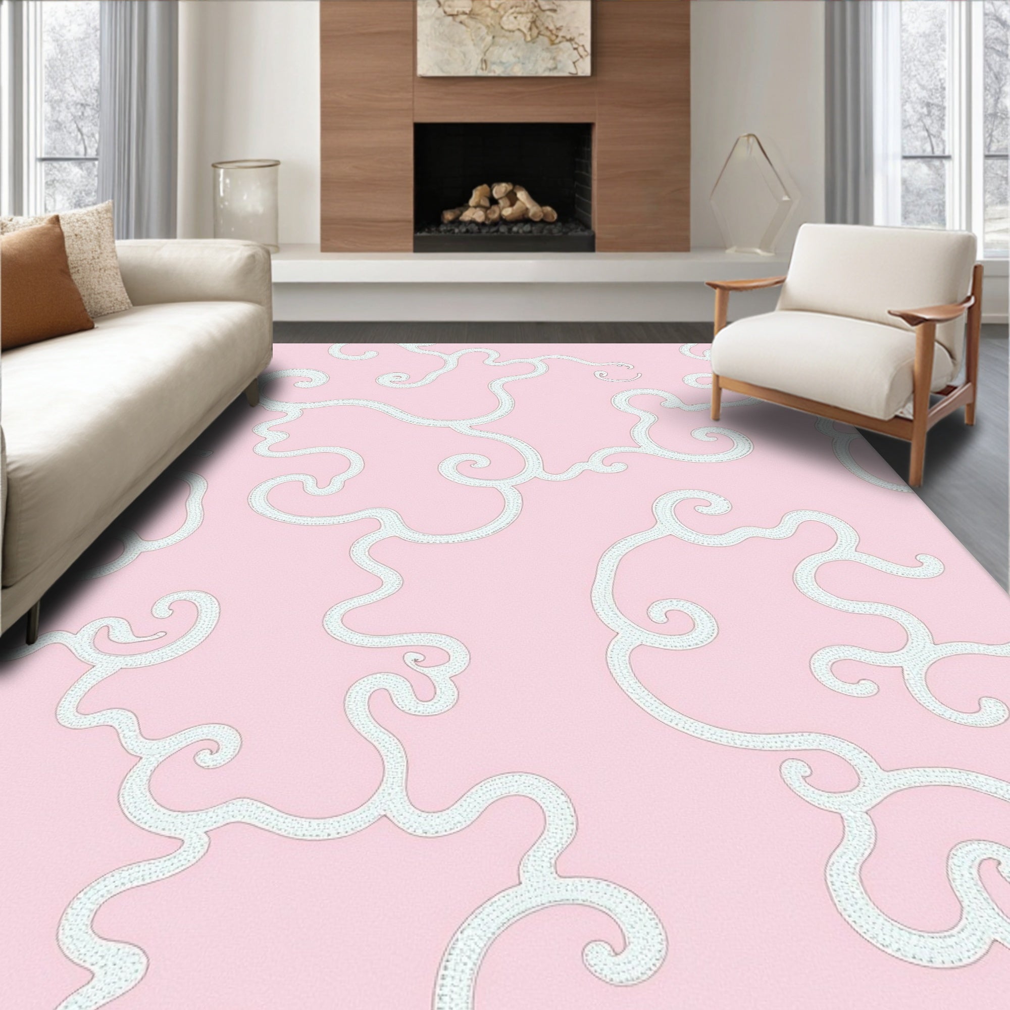 Pink Swirl Scroll Whimsical Design Rug