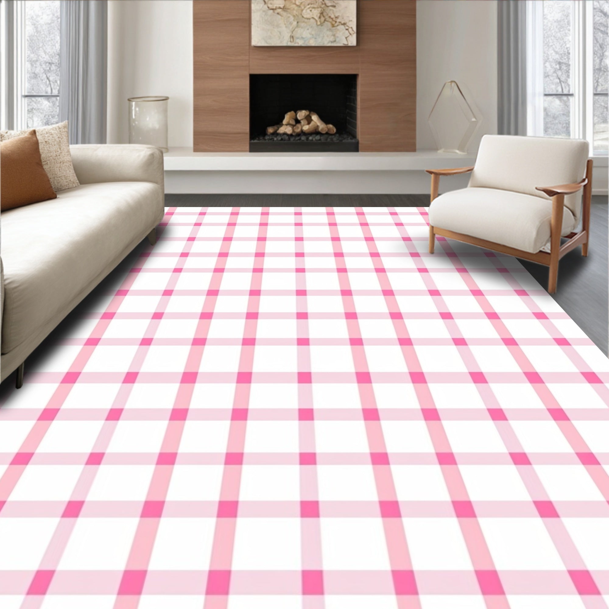 Pink And White Checked Pattern Rug