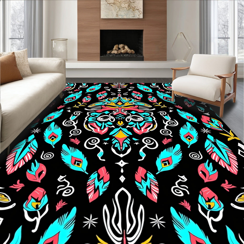 Vibrant Teal Coral Feather Pattern Rug
