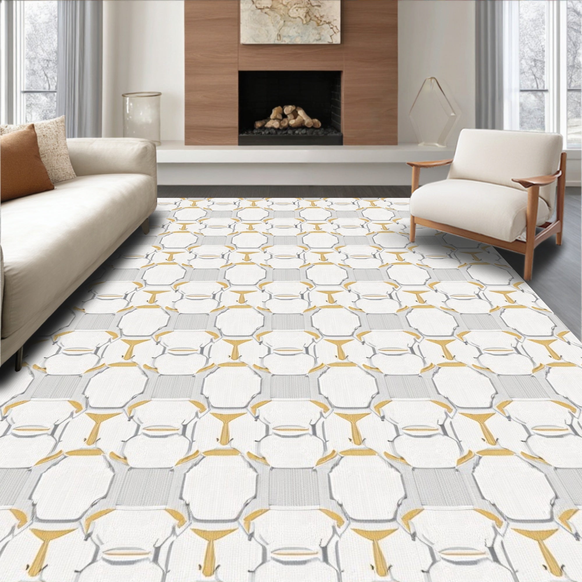 Geometric Lattice Gold Grey Pattern Rug
