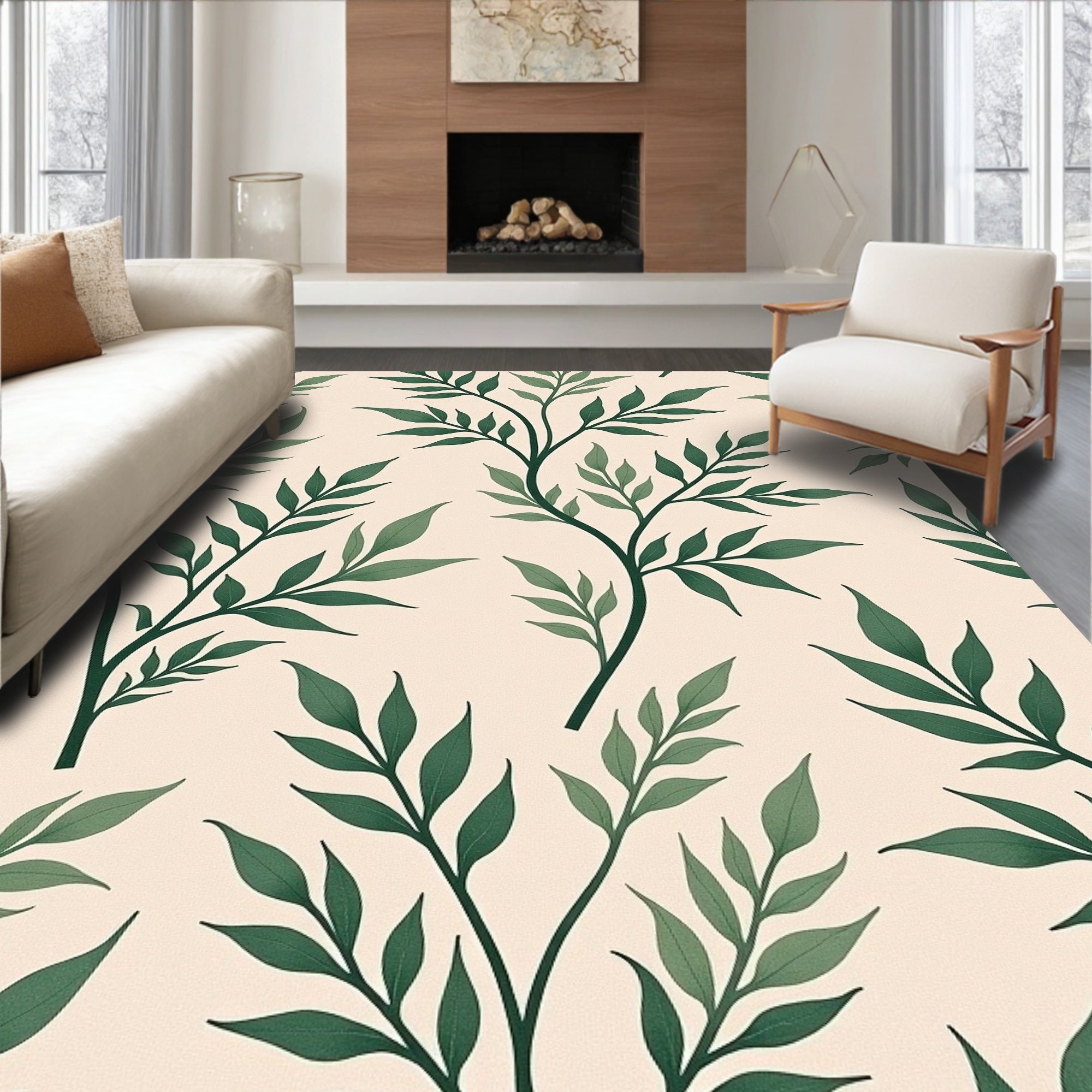 Green Leafy Branches Pattern Rug