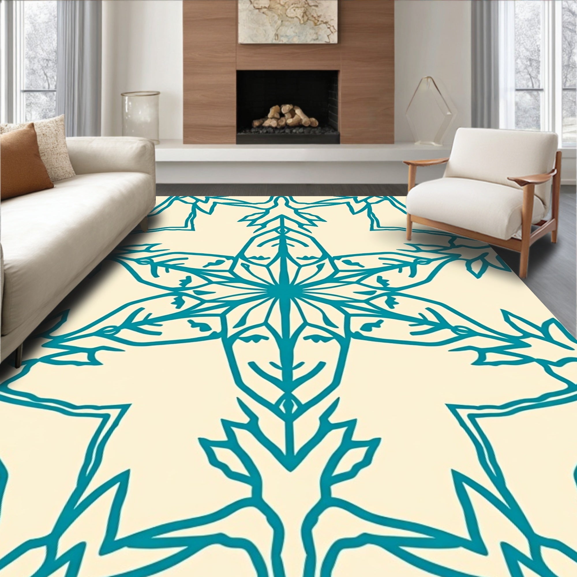 Teal Sunburst Faces Ivory Tile Rug