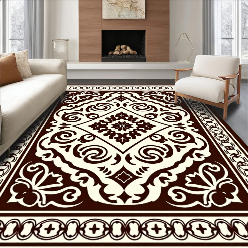 Classic Dark Brown Floral Scroll Pattern Rug