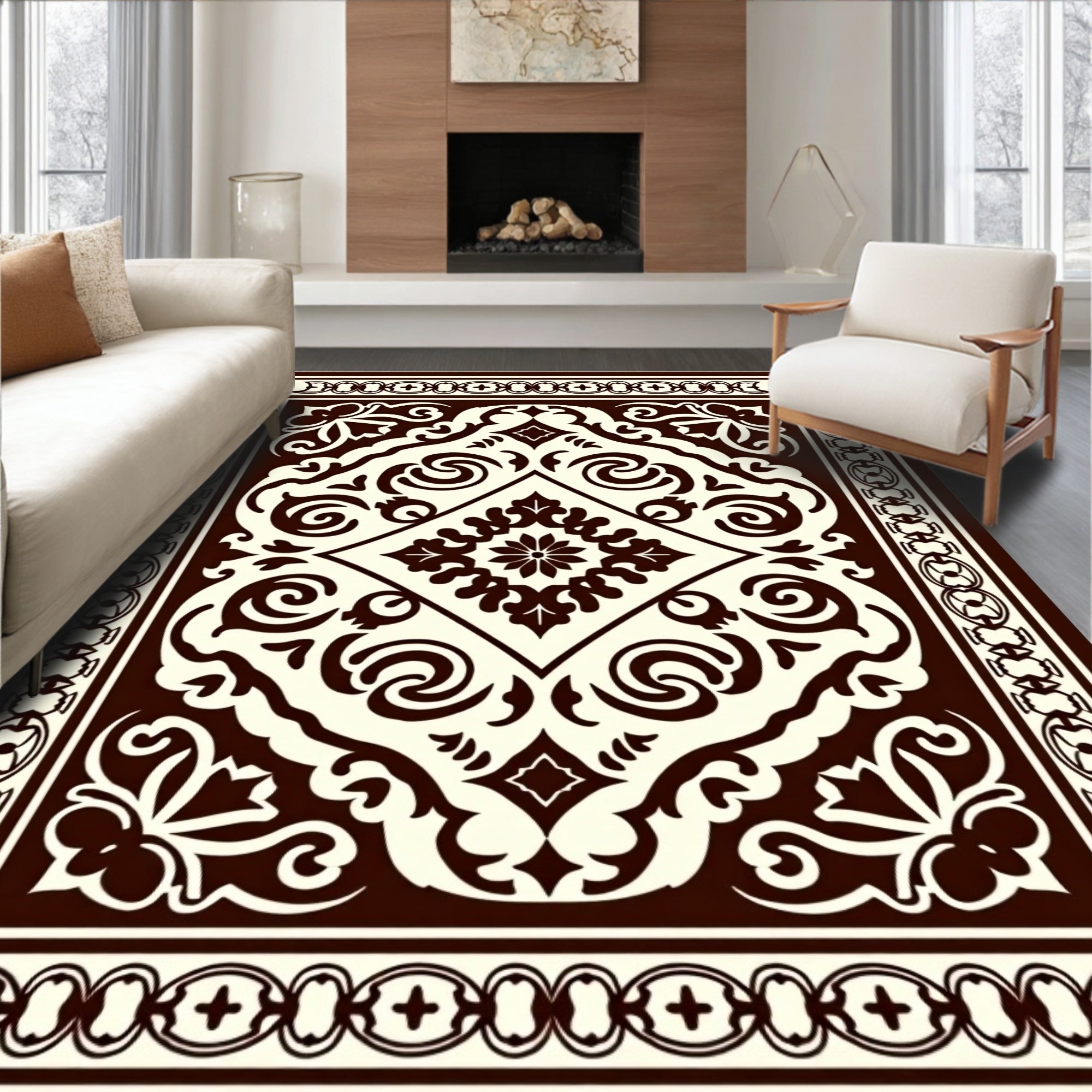 Classic Dark Brown Floral Scroll Pattern Rug