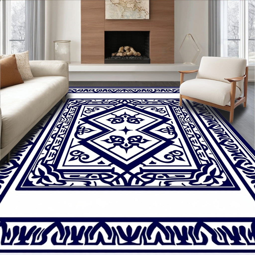Intricate Blue White Geometric Pattern Rug
