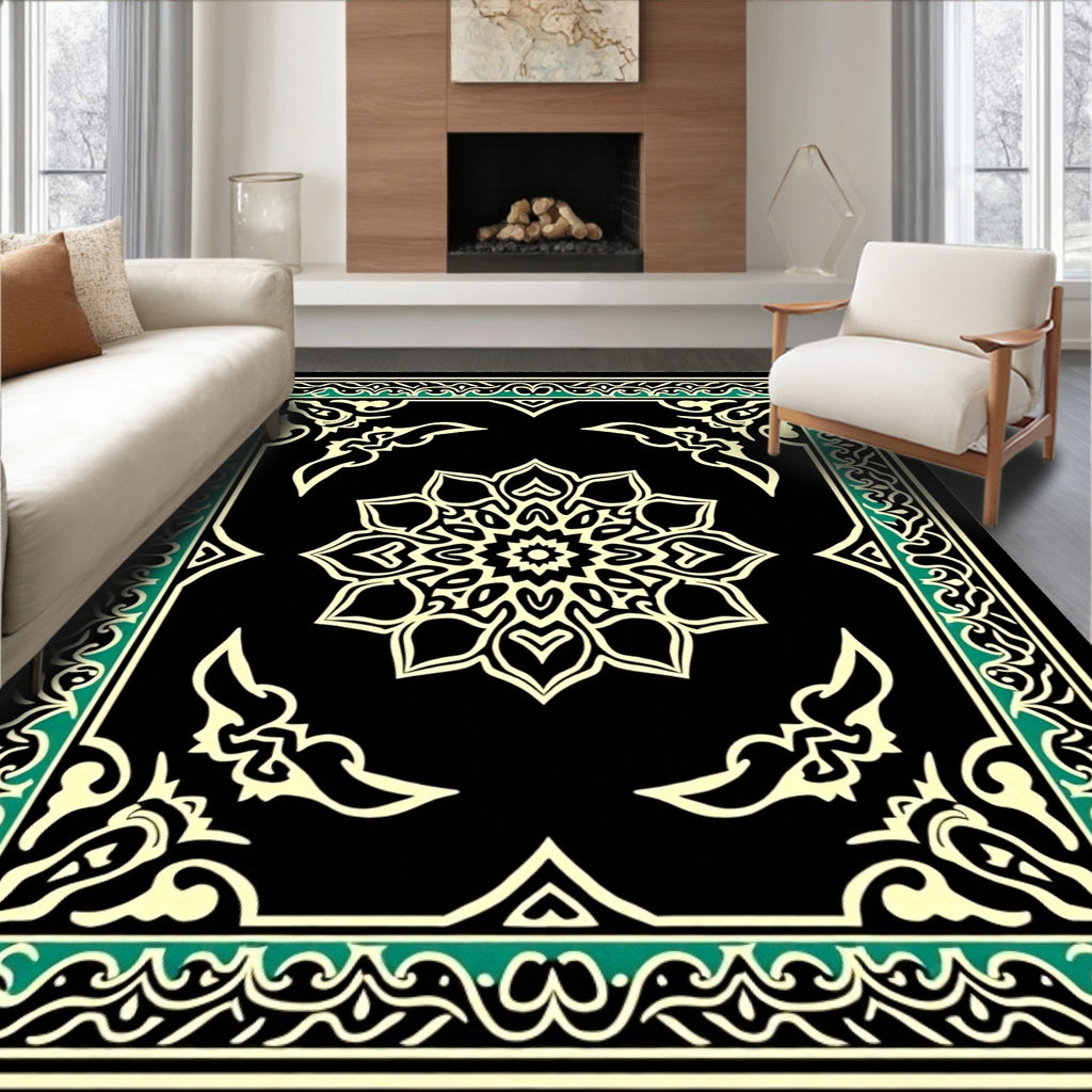 Black Cream Mandala Border Design Rug