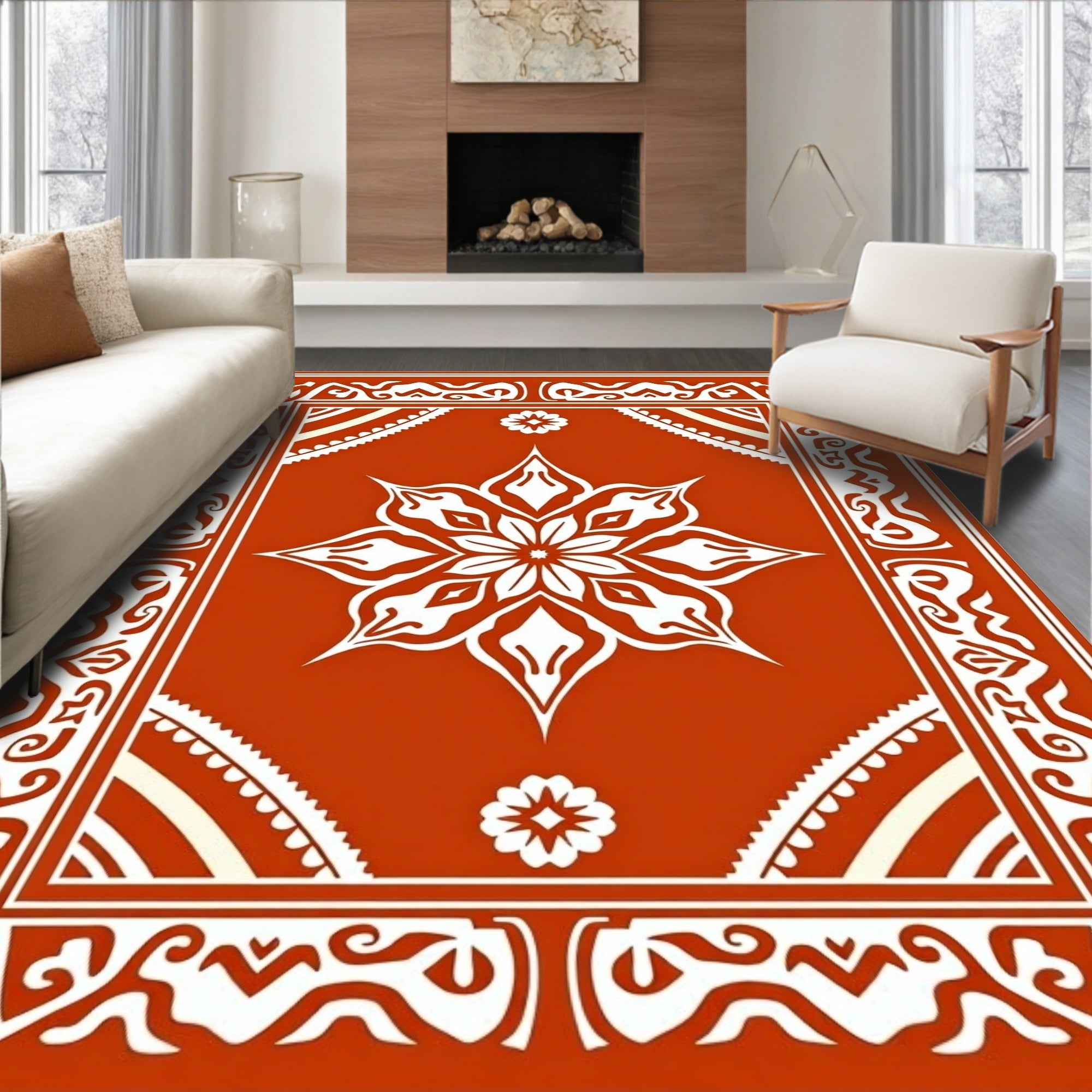 Ornate Terracotta Floral Mandala Pattern Rug