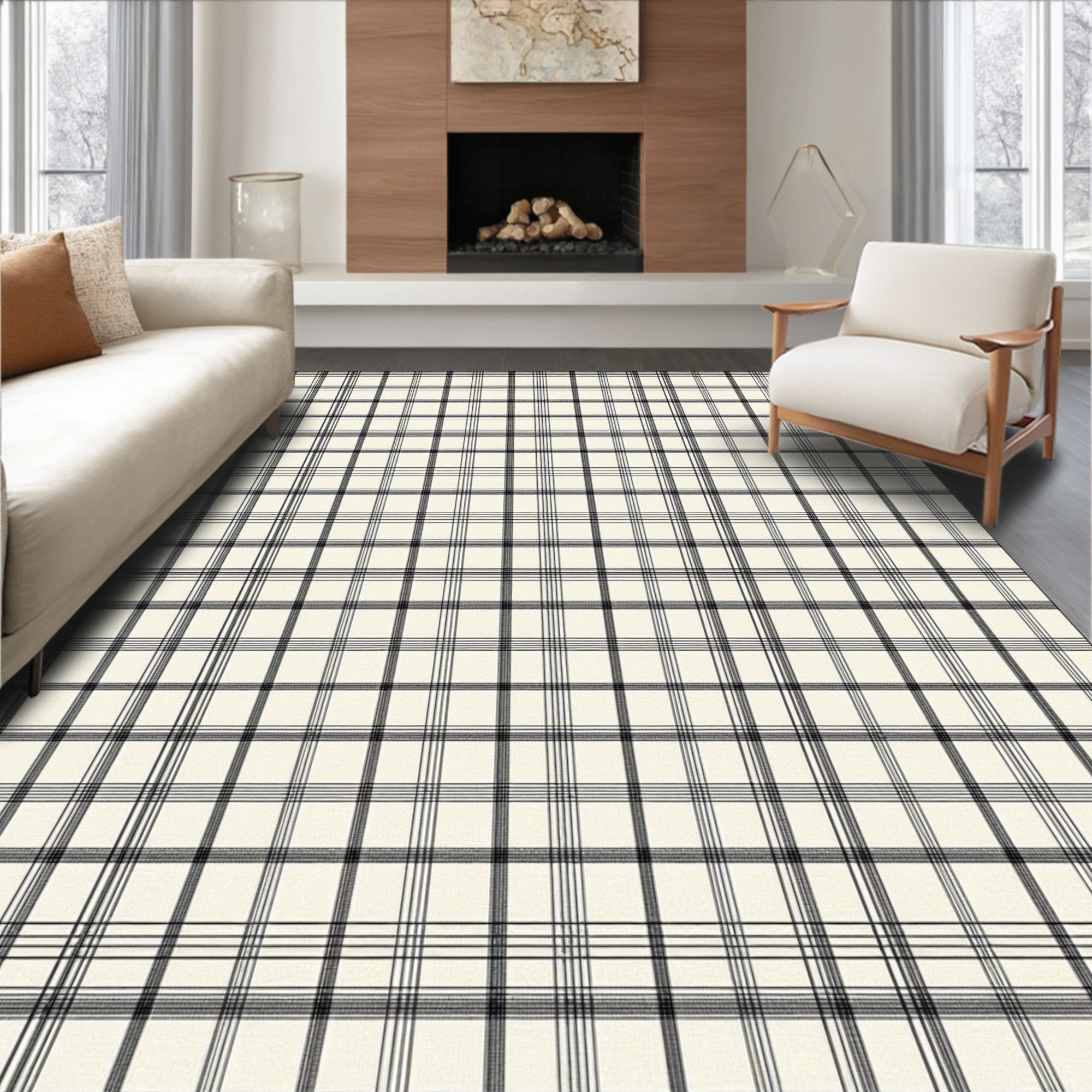 Classic Black and White Plaid Pattern Rug