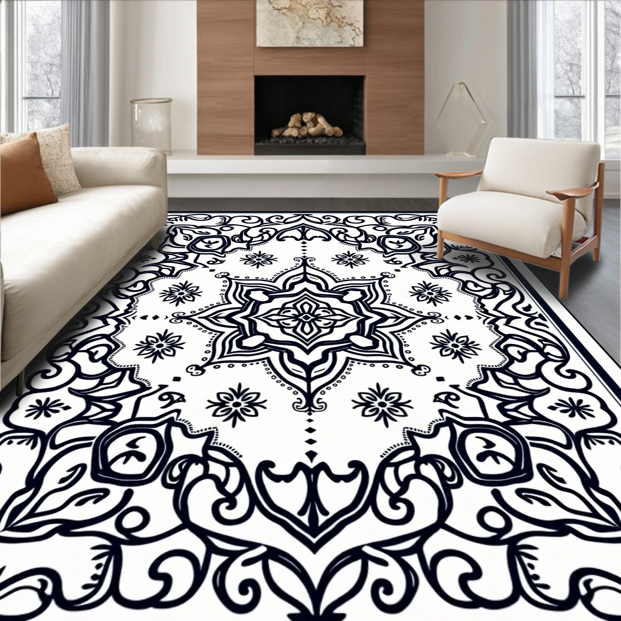 Intricate Black Floral Mandala Design Rug