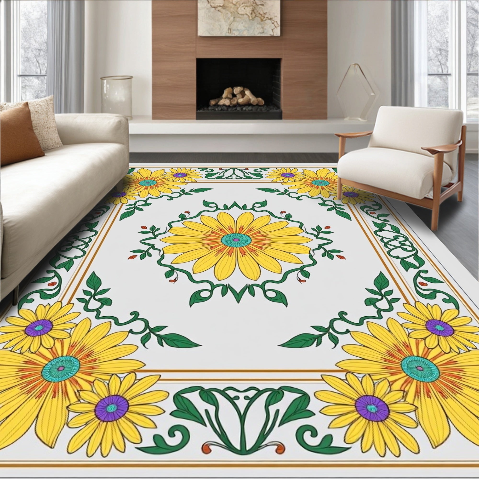 Yellow Floral Garden Border Rug