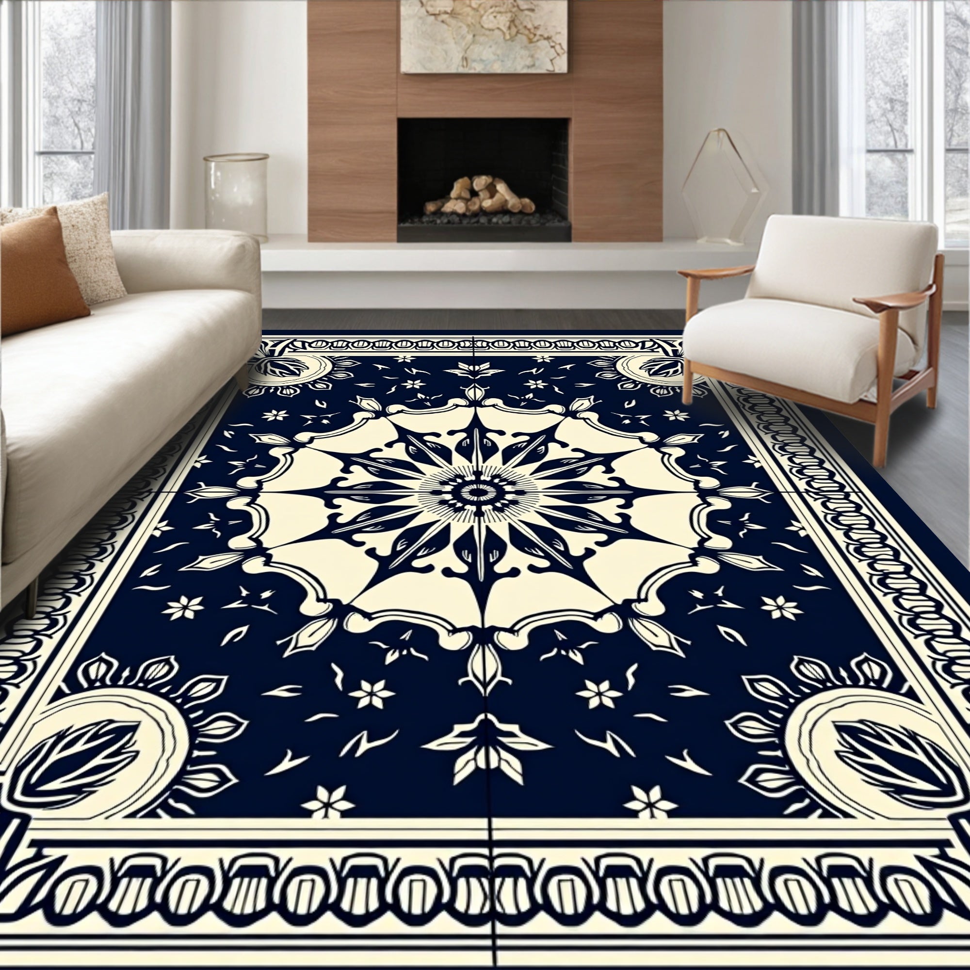 Dark Blue Cream Intricate Mandala Rug