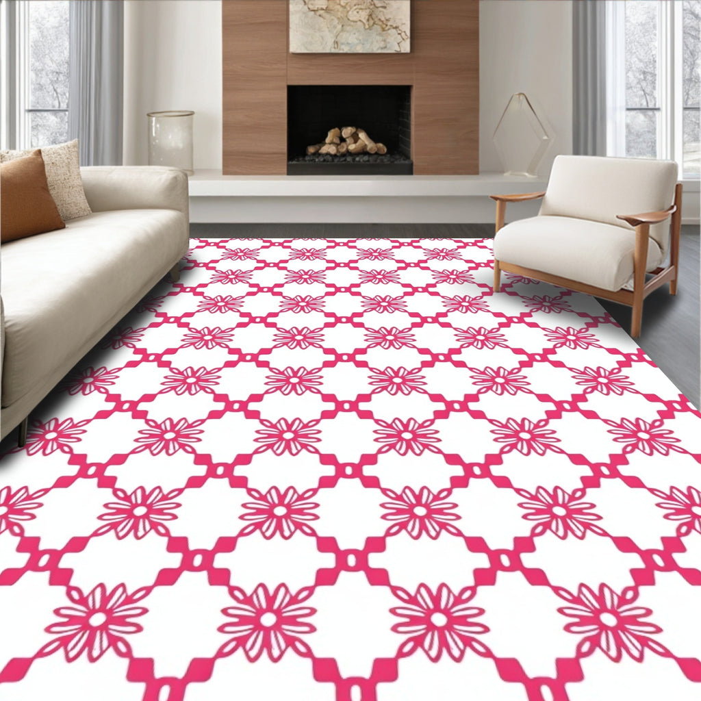 Pretty Pink Floral Lattice Pattern Rug