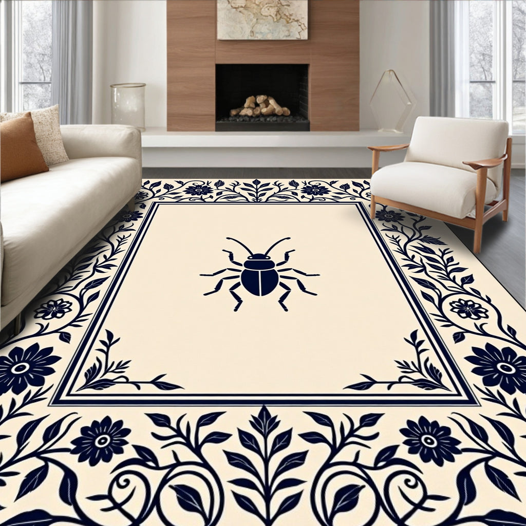 Dark Floral Insect Border Design Rug