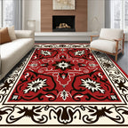 Red Ivory Black Floral Medallion Design Rug