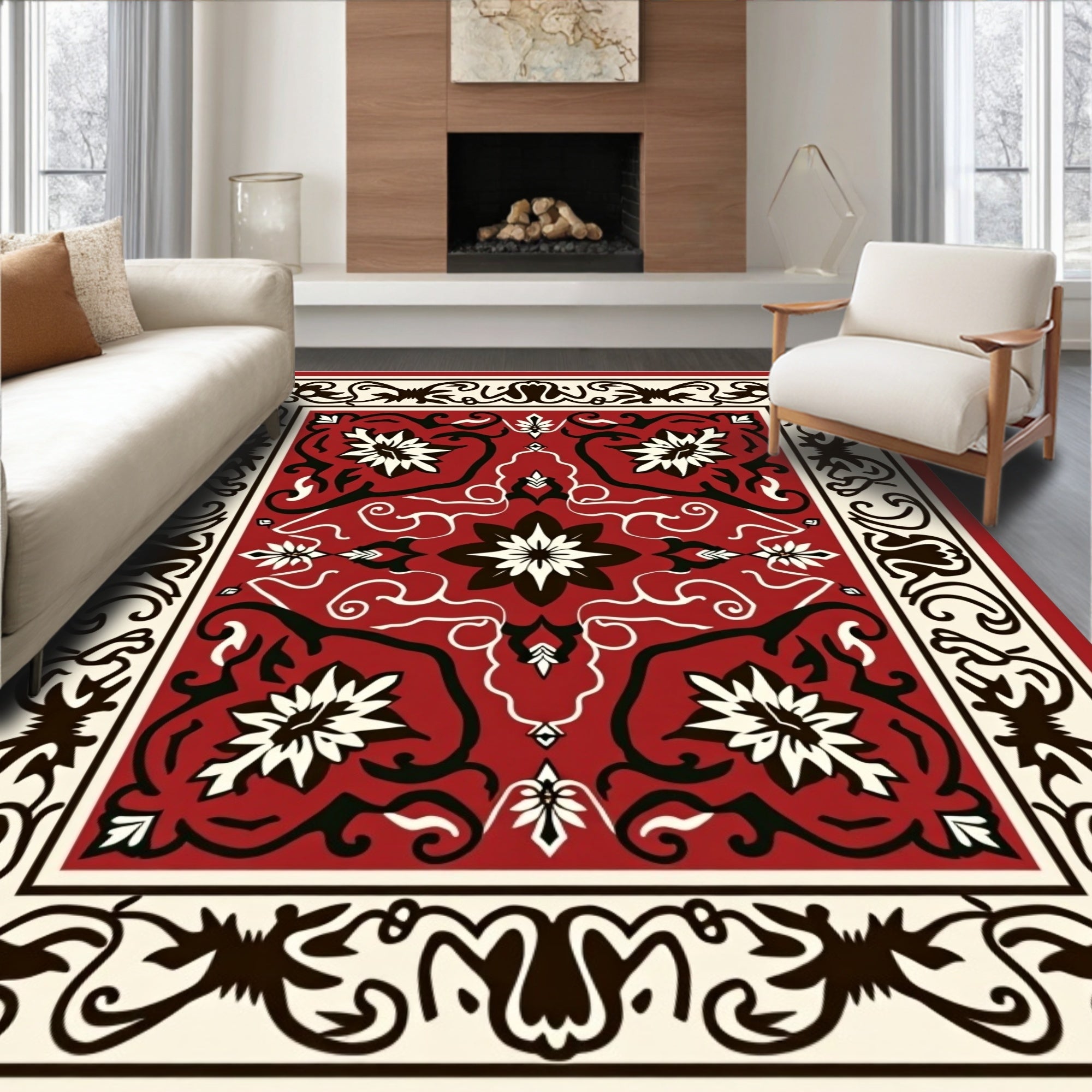Red Ivory Black Floral Medallion Design Rug