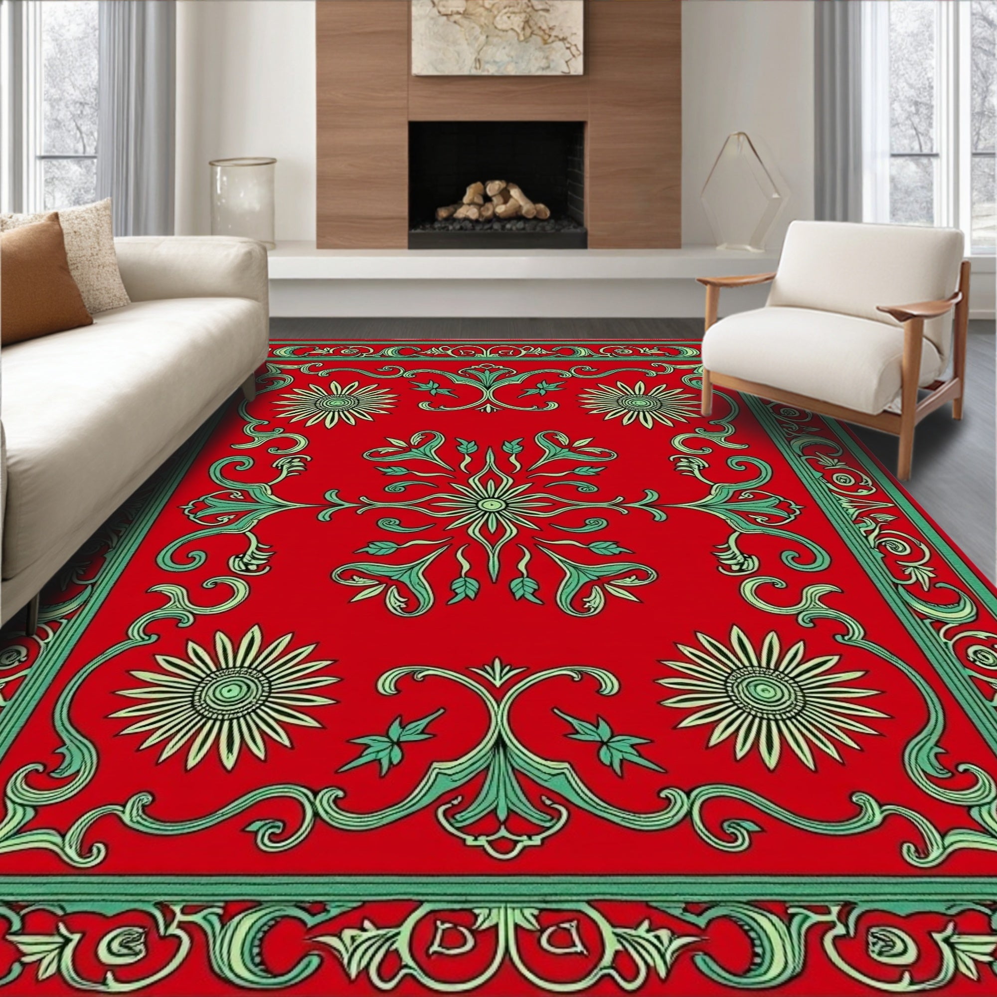 Ornate Red Floral Vine Pattern Rug