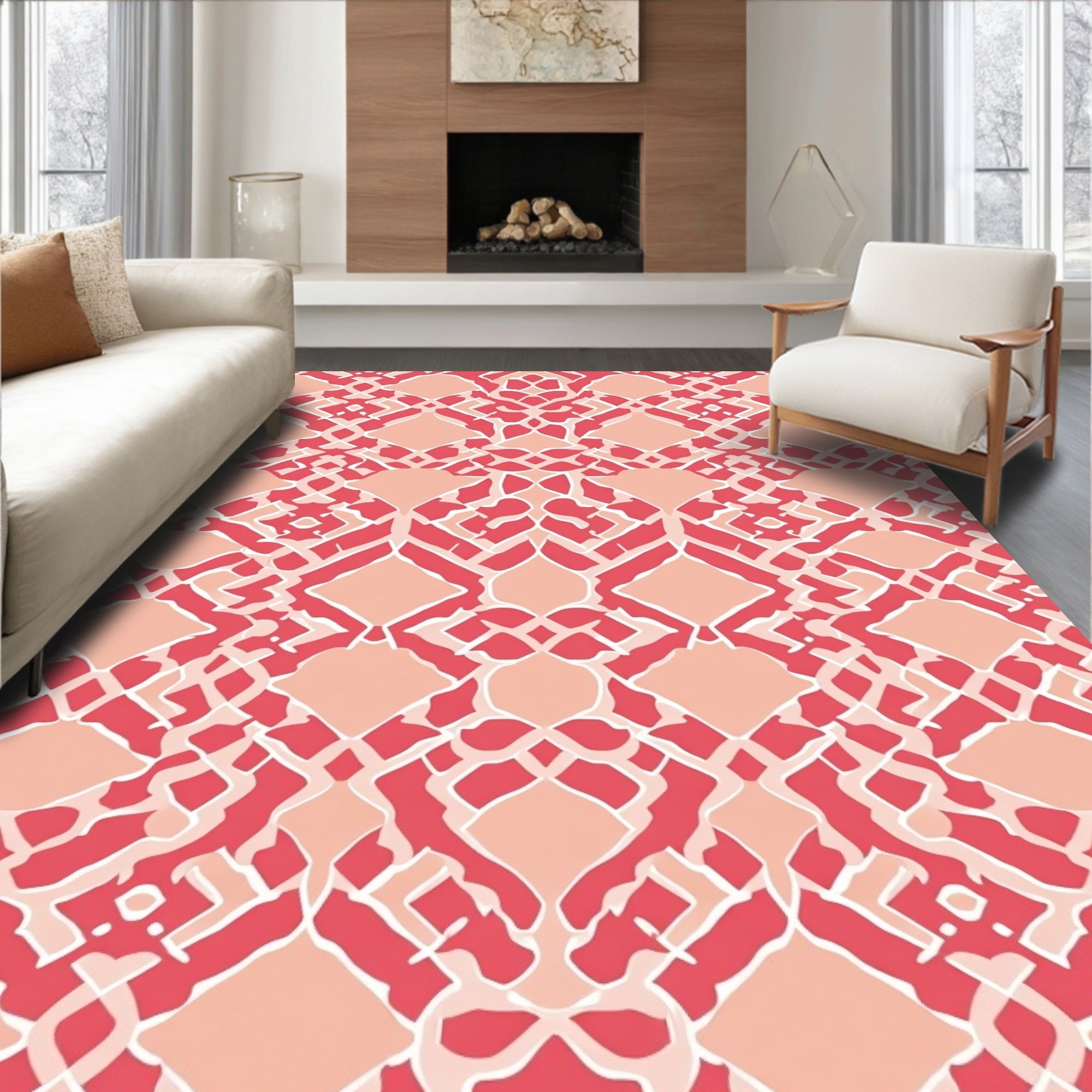 Coral Peach Abstract Lattice Pattern Rug
