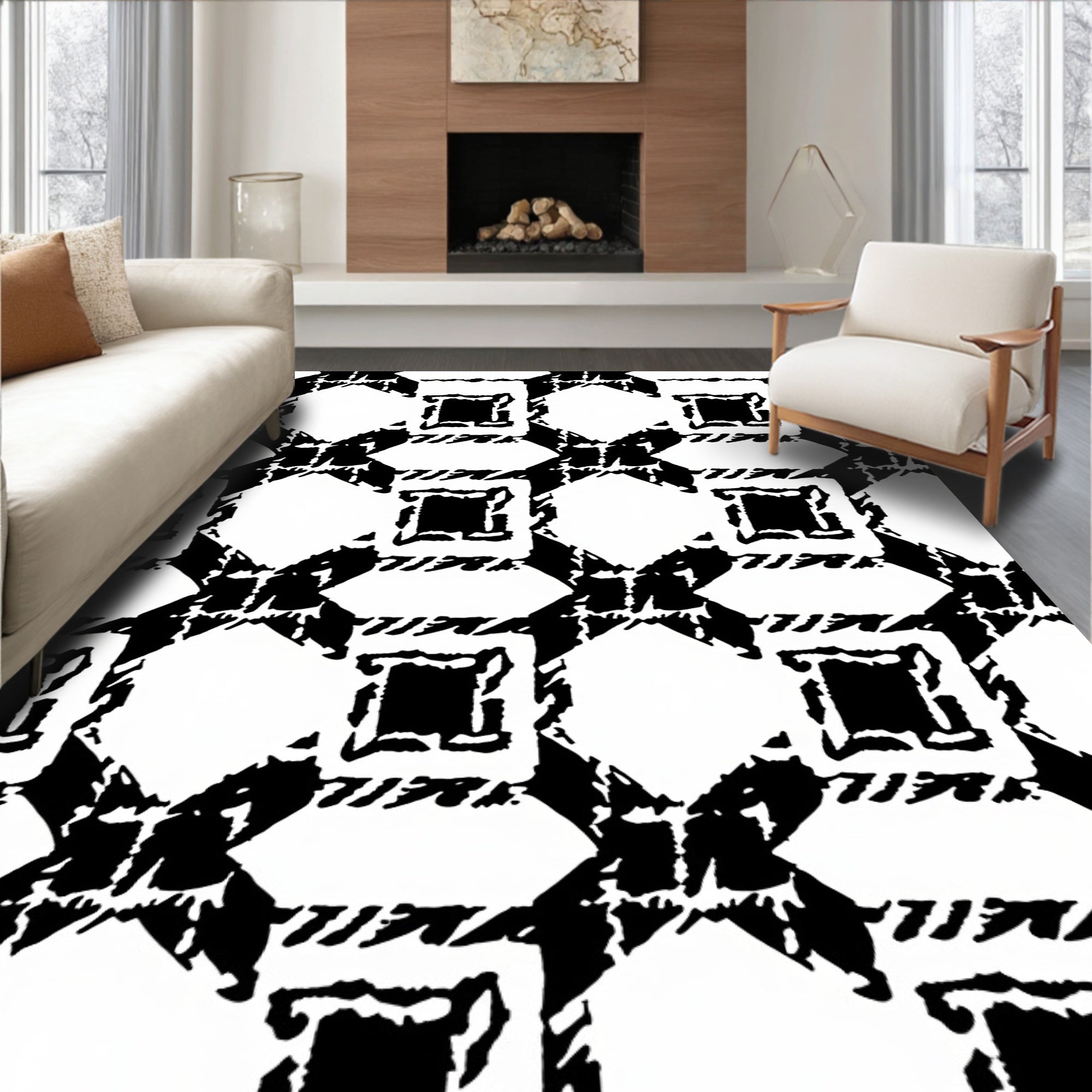 Bold Black White Geometric Square Rug
