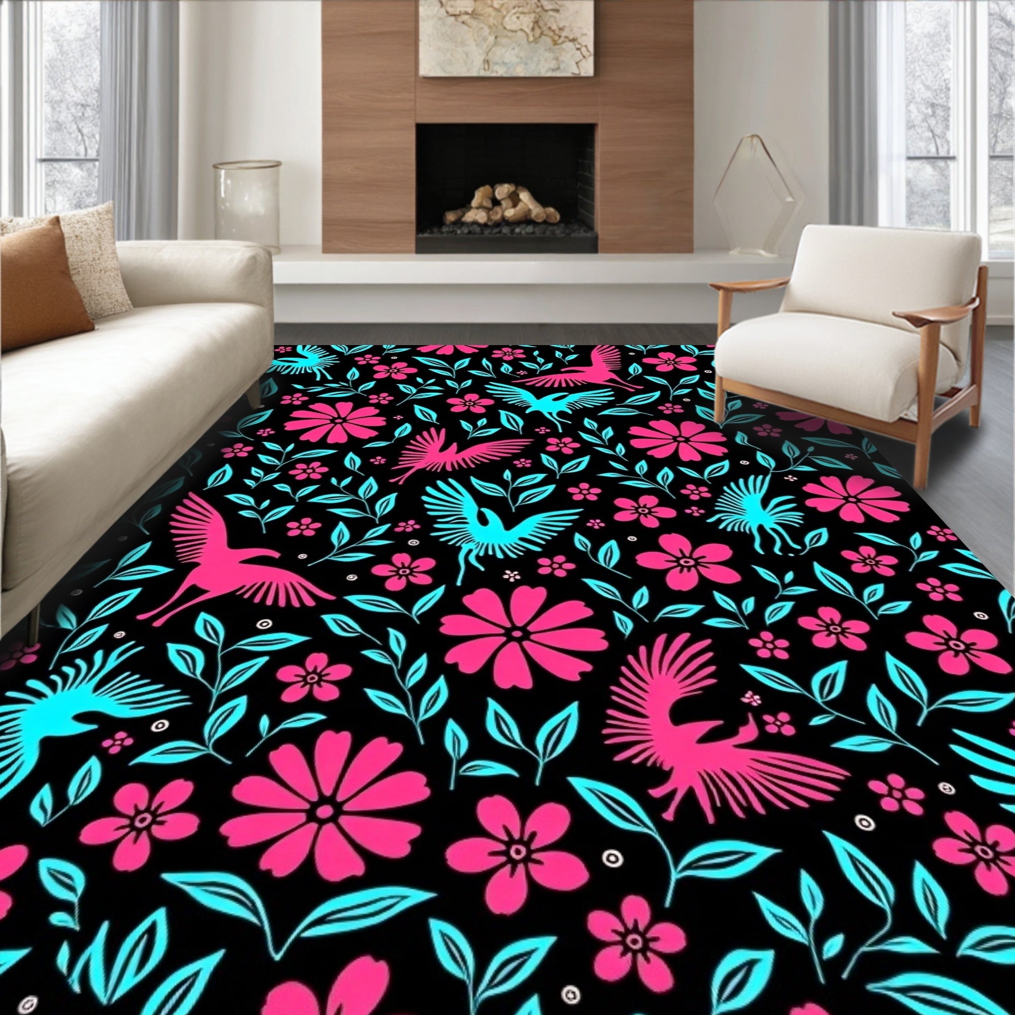 Bold Floral and Bird Pattern Rug