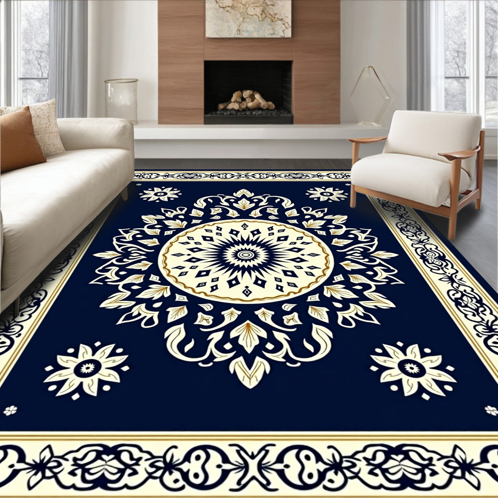 Classic Mandala Blue Gold Pattern Rug
