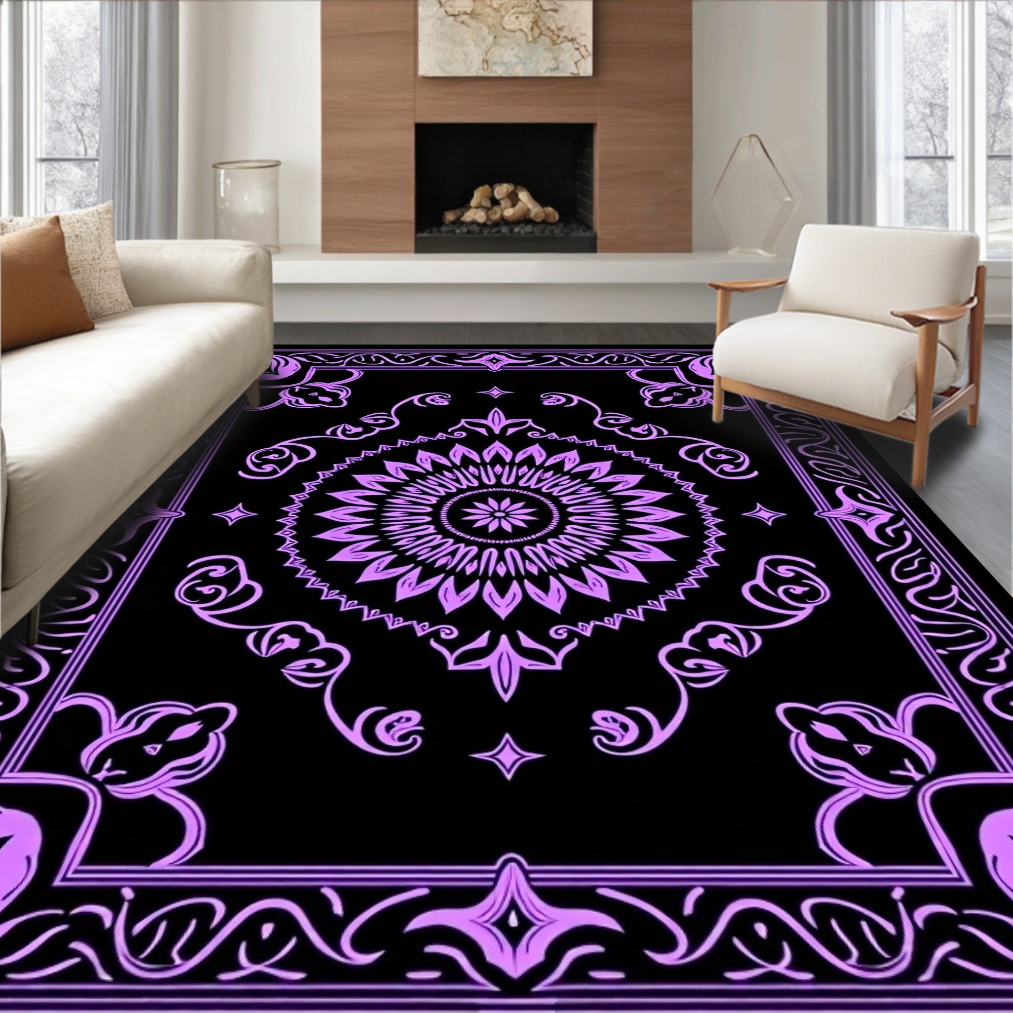 Purple Floral Medallion Bordered Rug