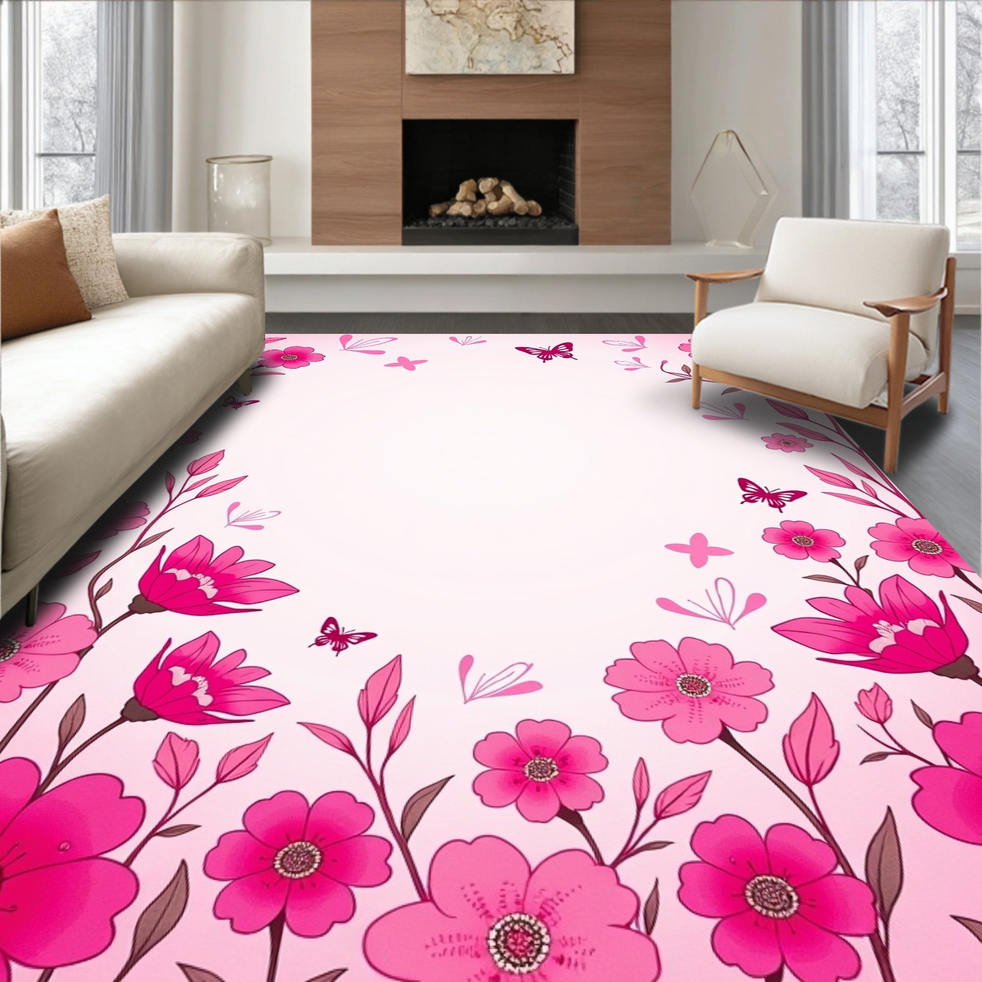 Pink Floral Butterfly Delight Rug