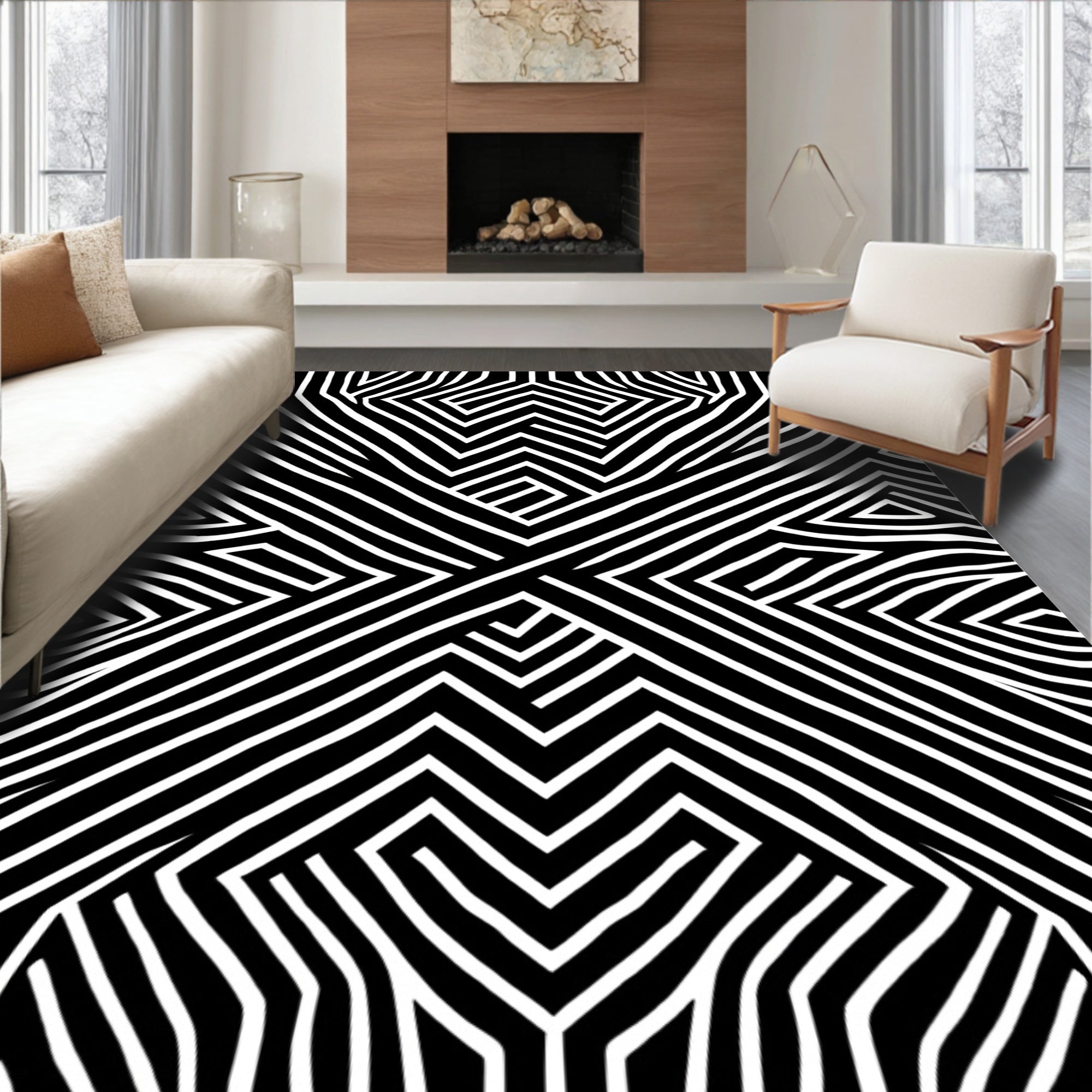 Bold Black and White Striped Pattern Rug