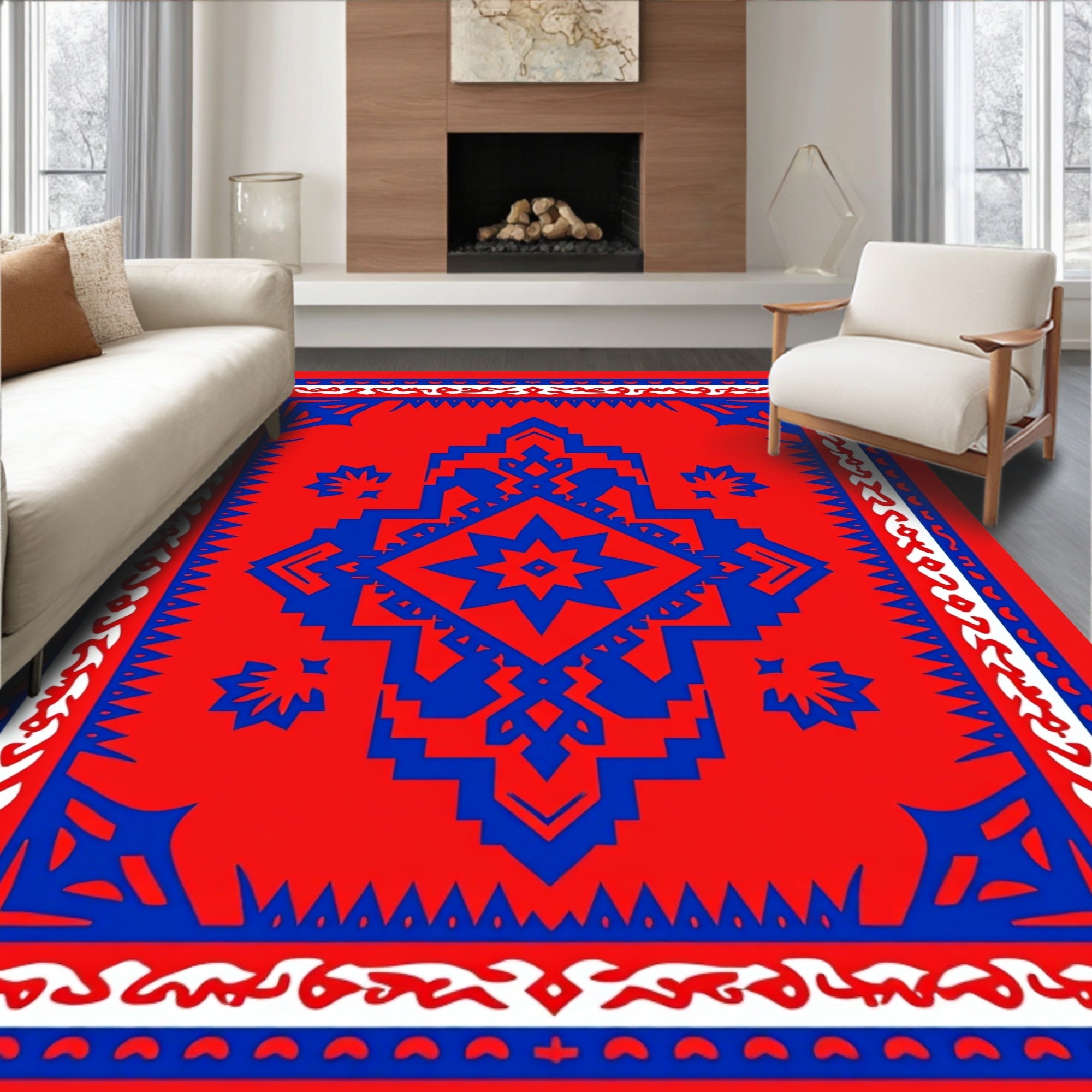 Bold Red Blue Geometric Medallion Design Rug