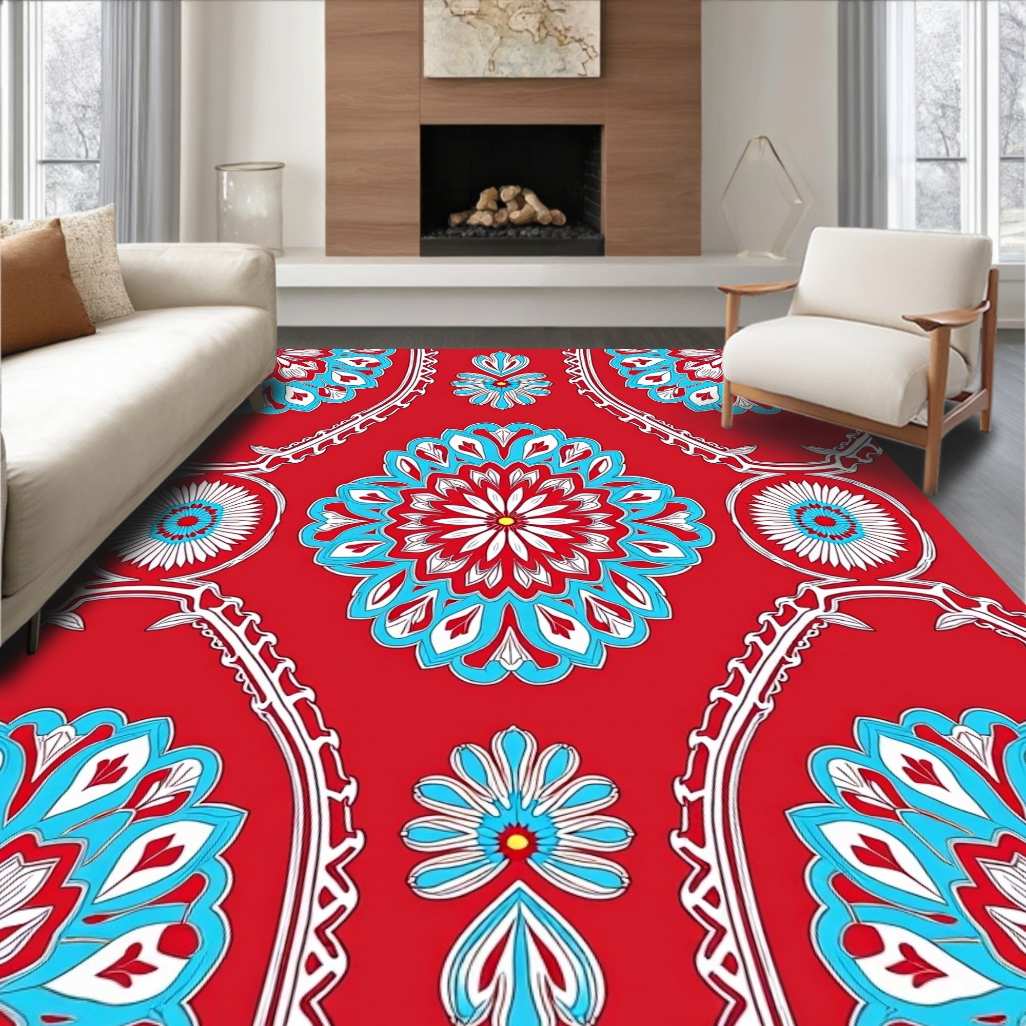 Vivid Red Blue Mandala Pattern Rug