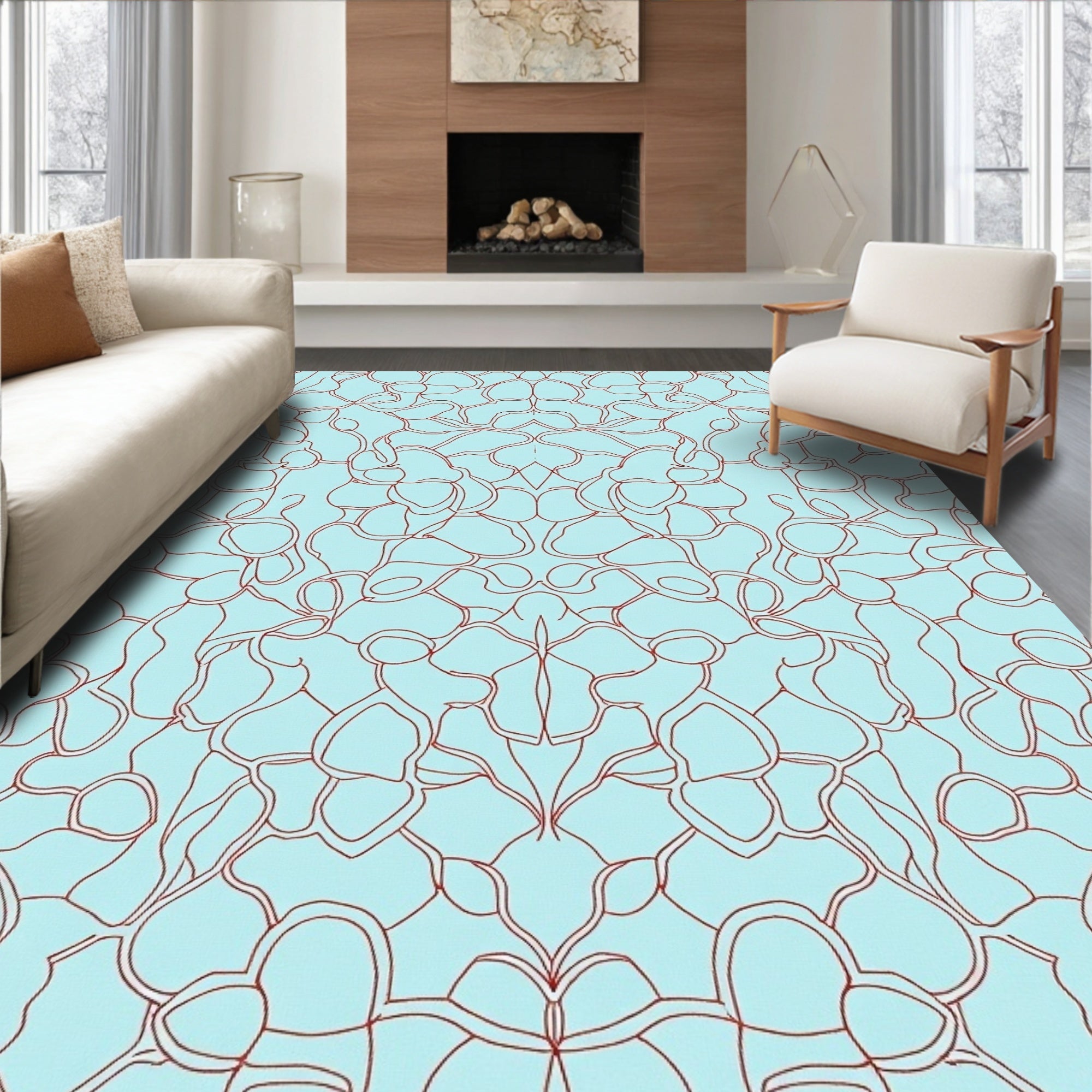 Aqua Red Abstract Organic Pattern Rug