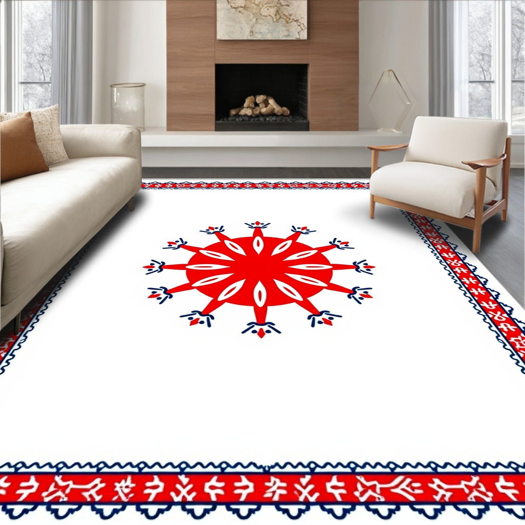 Bold Red Sunburst Bordered Rug