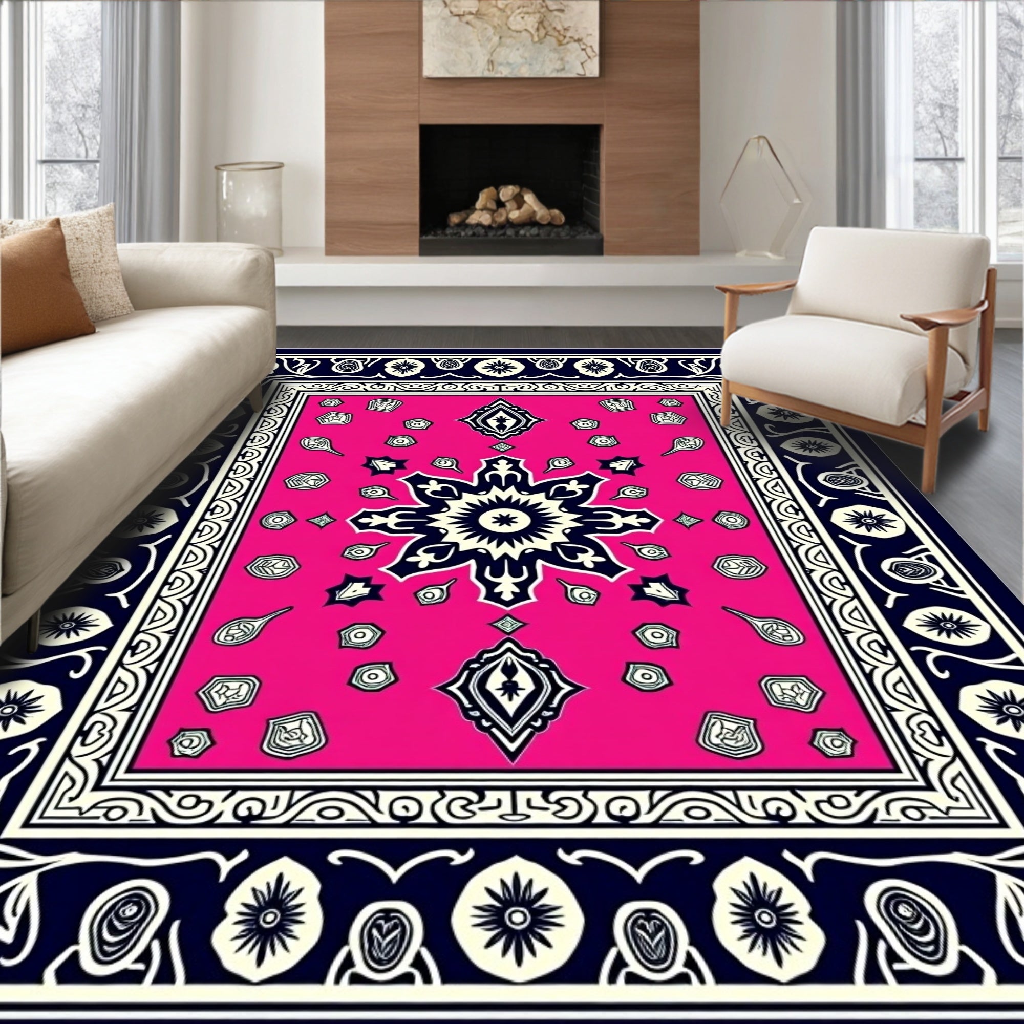 Hot Pink Geometric Floral Medallion Rug