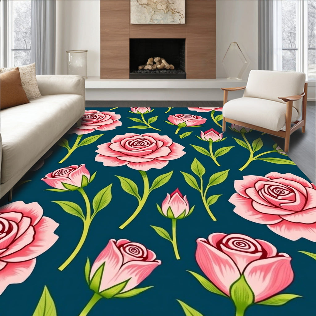 Pink Roses Floral Pattern Rug