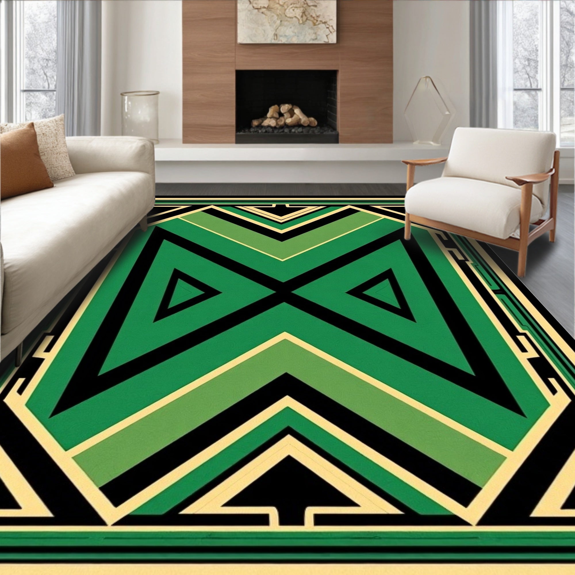 Art Deco Green Black Geometric Design Rug
