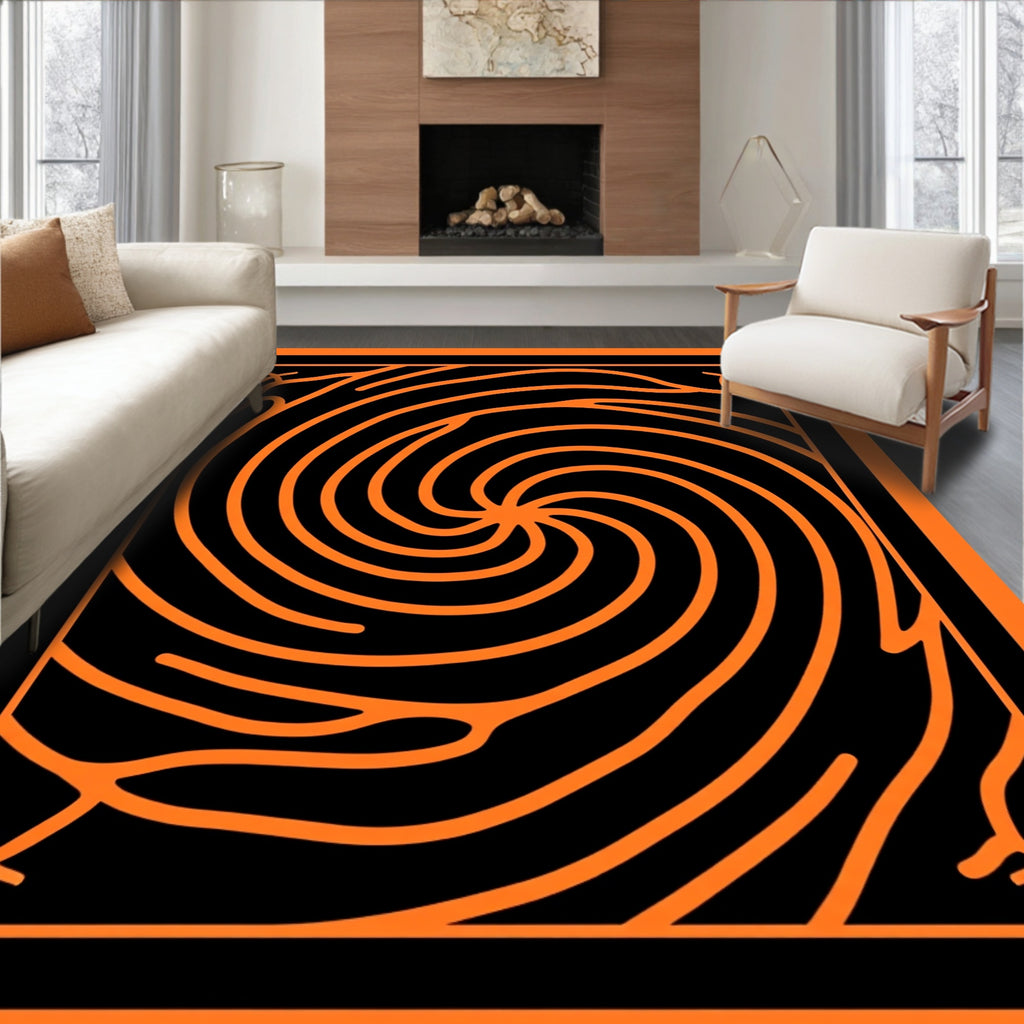 Abstract Swirl Pattern Orange Black Rug
