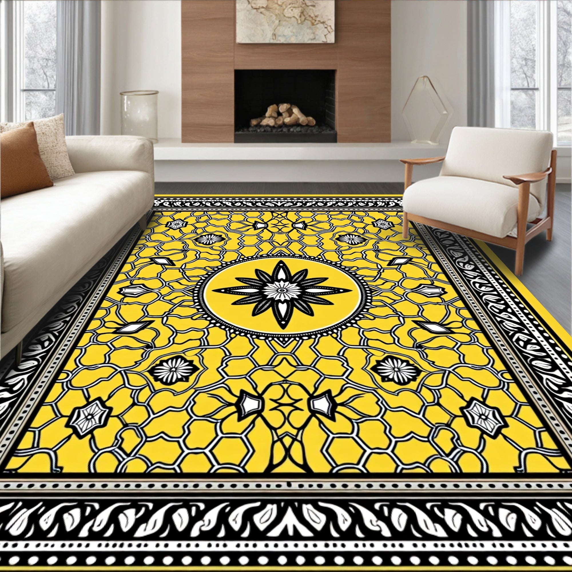 Bold Yellow Floral Geometric Pattern Rug