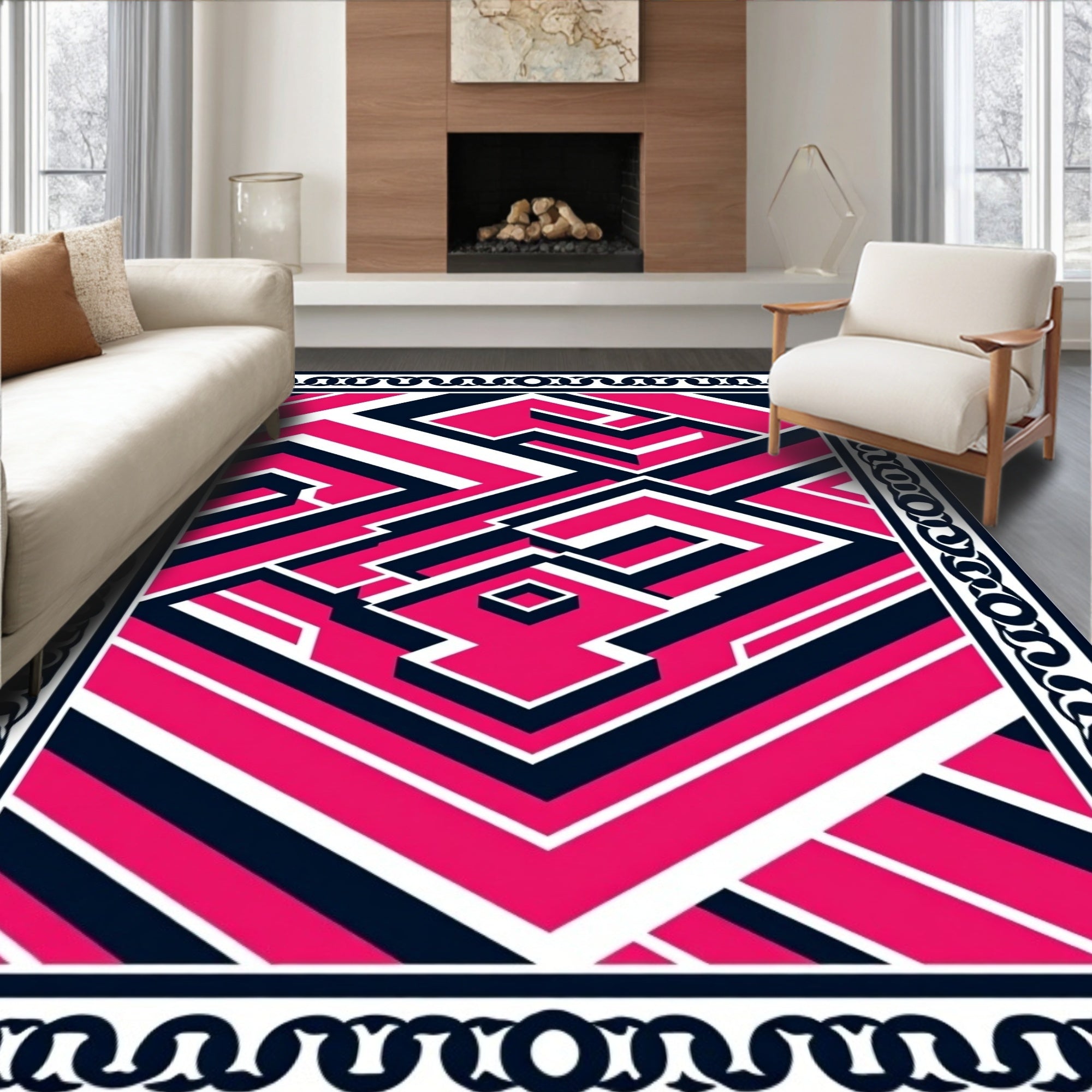 Bold Pink White Geometric Maze Rug