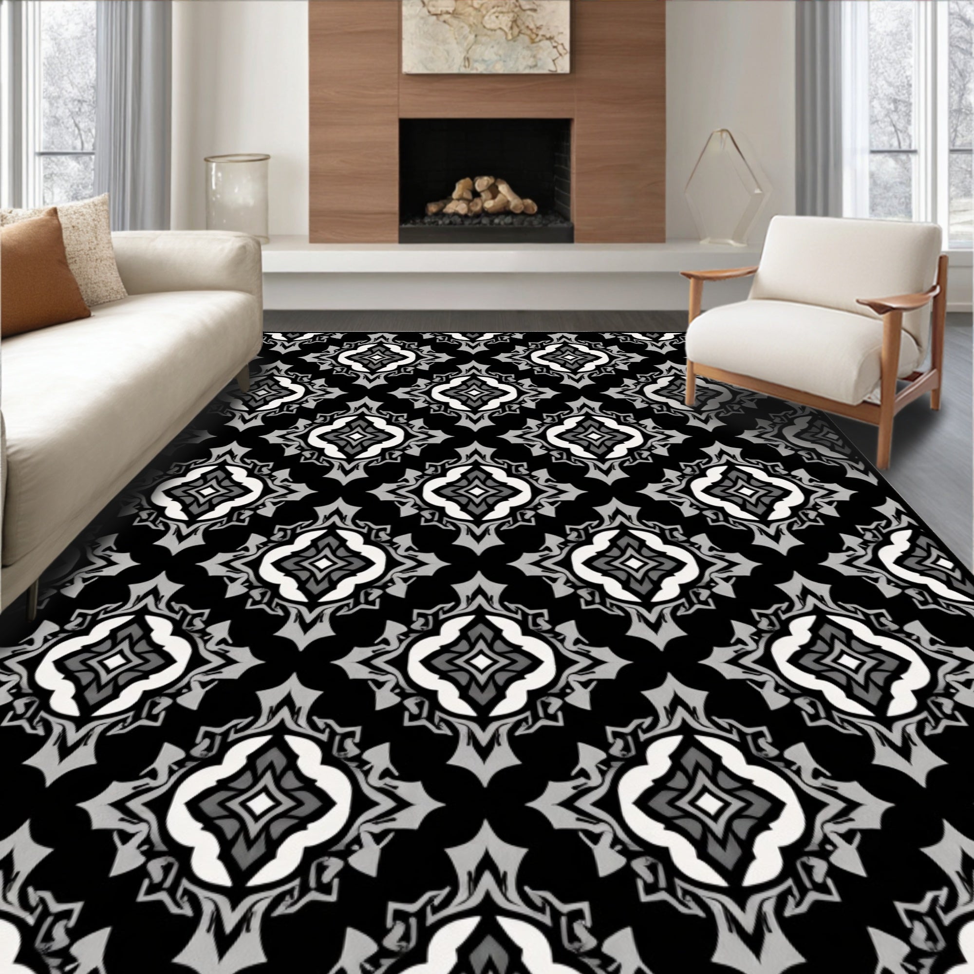 Monochromatic Ornate Tile Pattern Rug