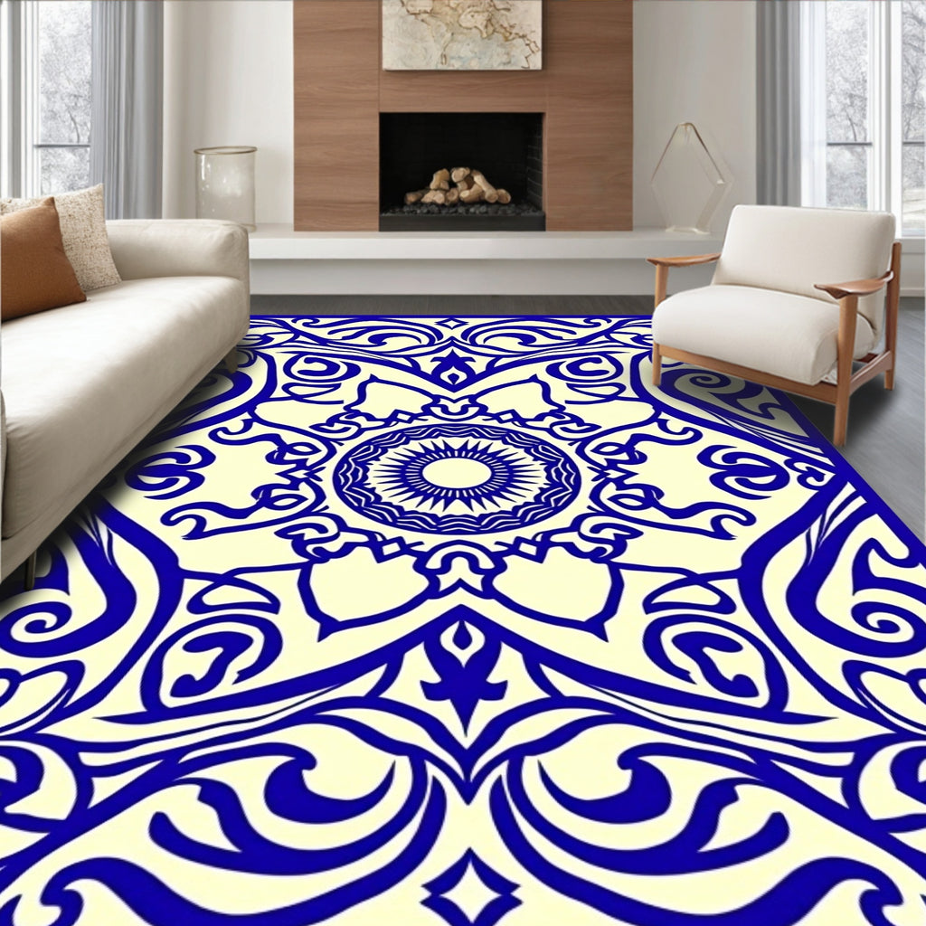 Navy Blue Intricate Floral Mandala Pattern Rug