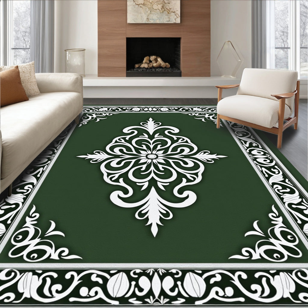 Green Floral Scrollwork Classic Design Rug
