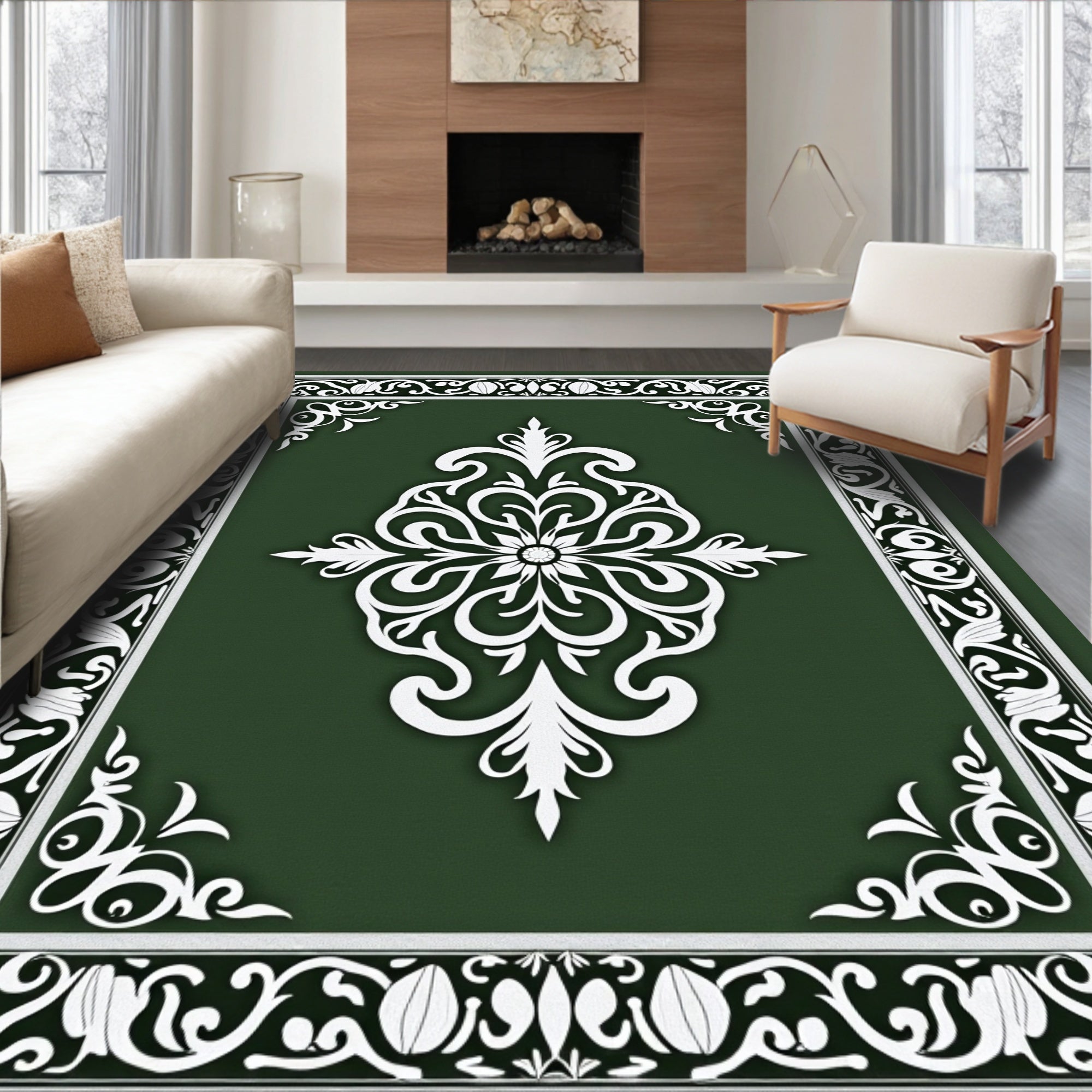 Green Floral Scrollwork Classic Design Rug