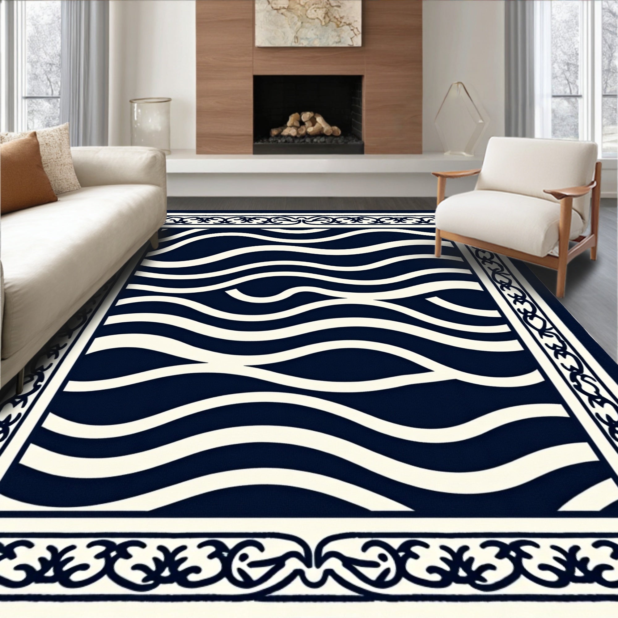 Naval Wave Pattern Border Rug