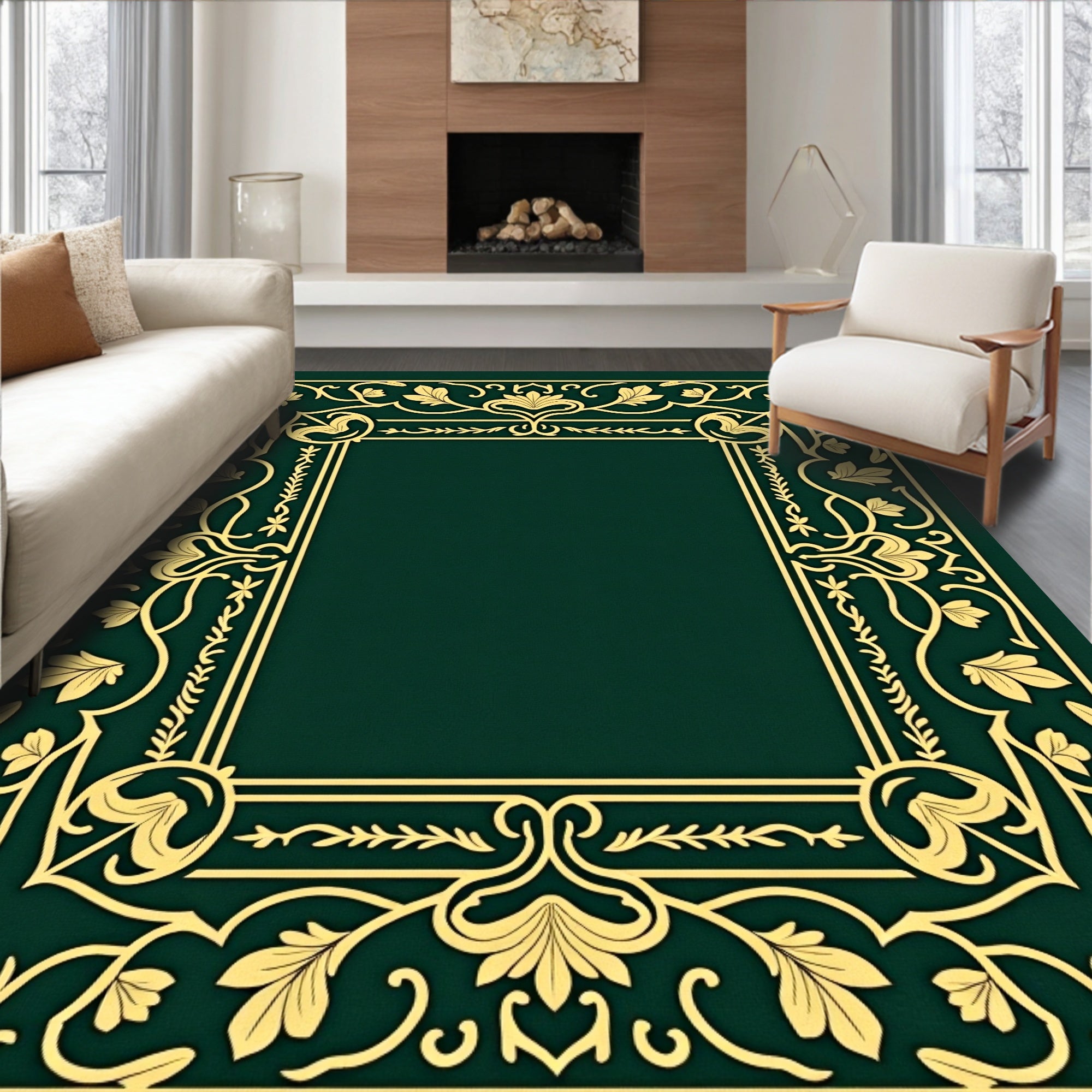 Ornate Golden Floral Border Design Rug