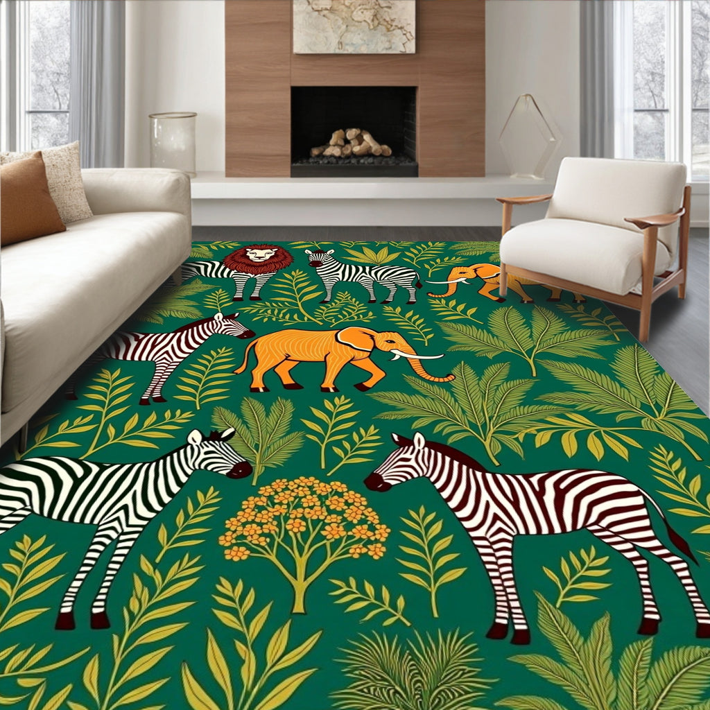 Jungle Safari Animals Botanical Print Rug