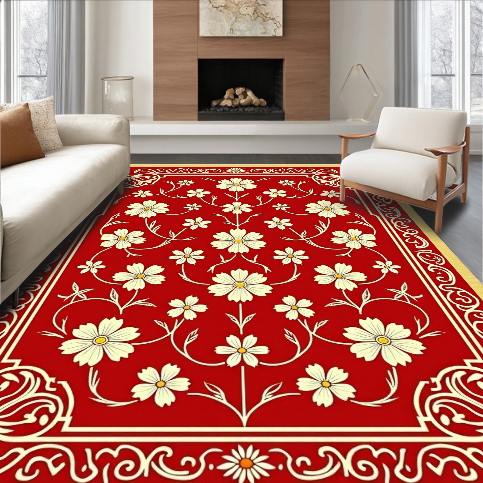Red Cream Floral Scroll Patterned Rug