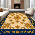 Elegant Floral Motif Blue Gold Rug