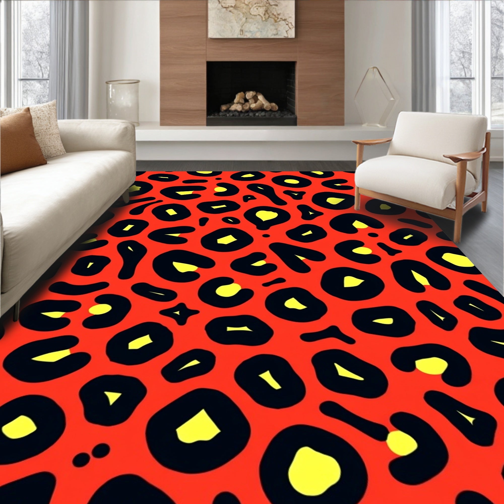 Vibrant Red Leopard Style Print Rug