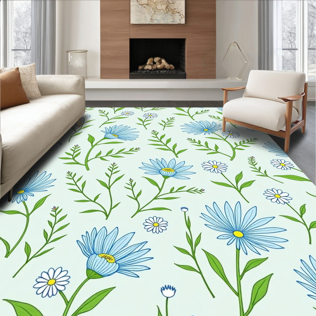 Delicate Floral Blue Daisy Pattern Rug