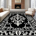 Ornate Black Cream Floral Pattern Rug