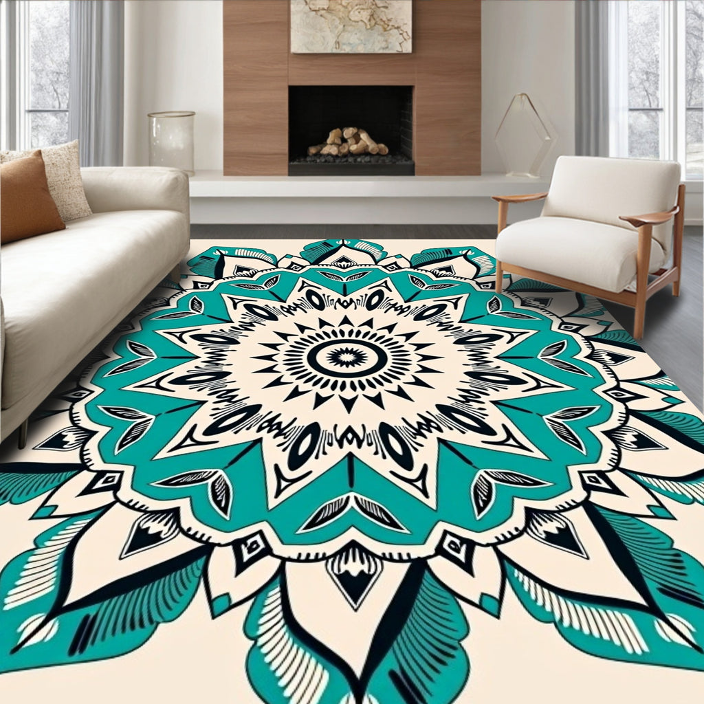Turquoise And Black Floral Mandala Pattern Rug